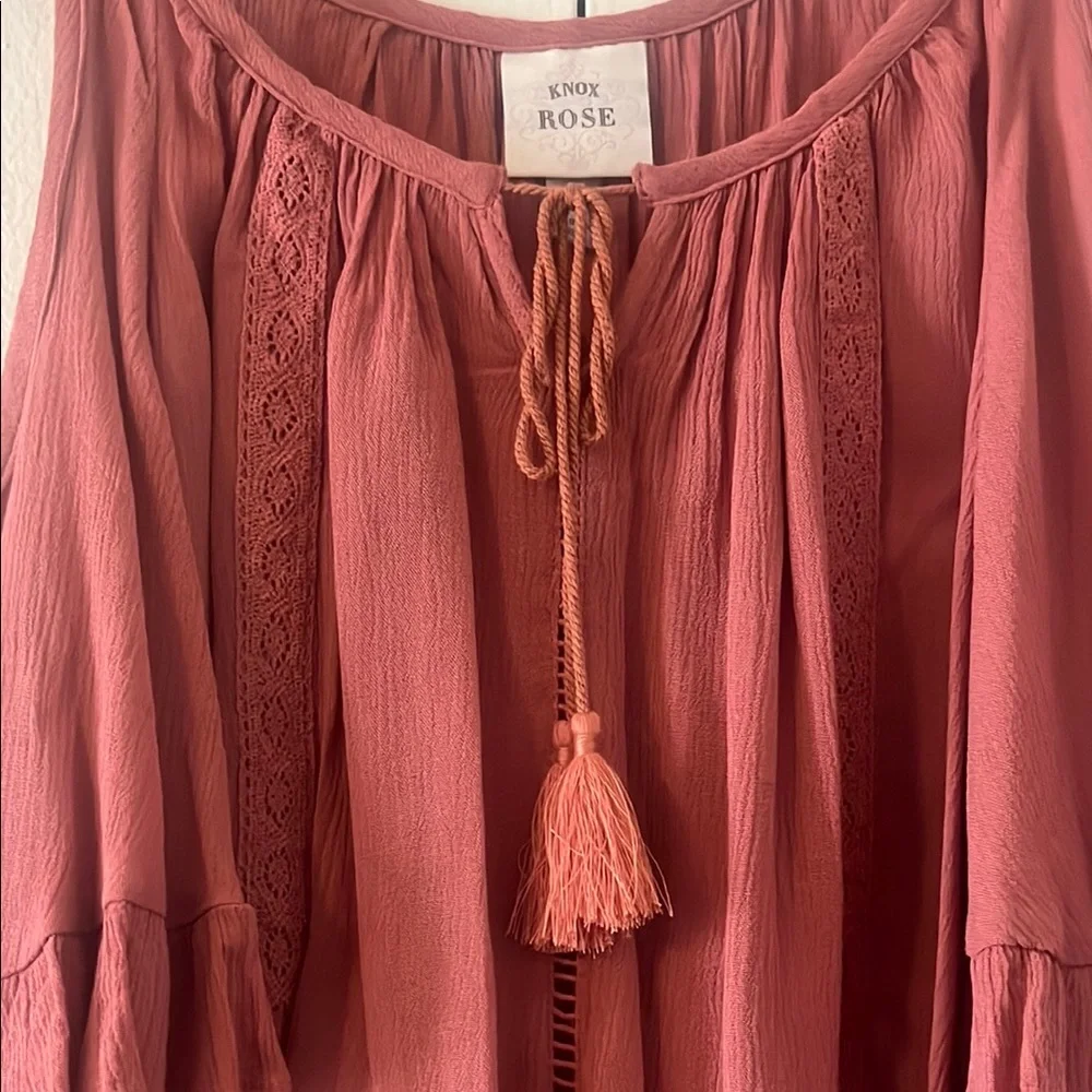 Flowy Ruffle Cold Shoulder Top in Rust - Picture 2 of 5